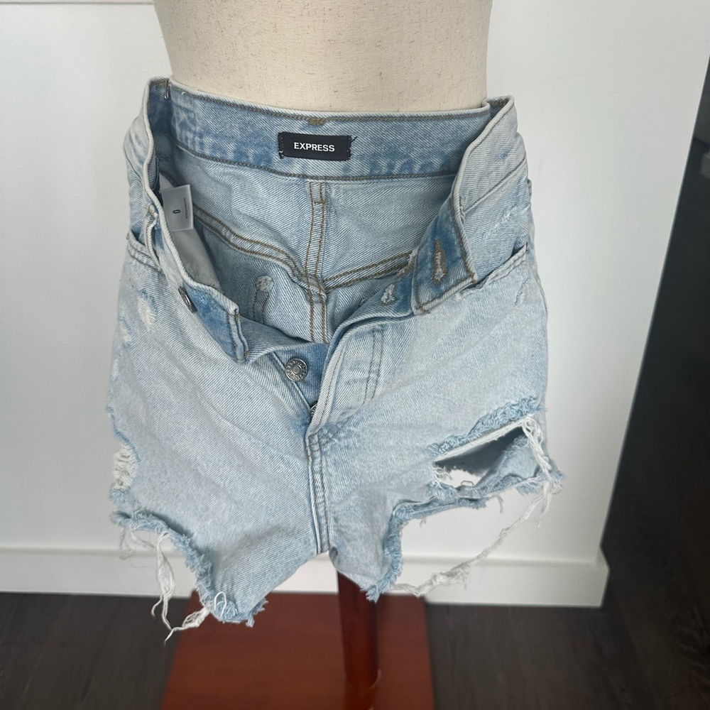 Express Light Blue Distressed Mom Shorts